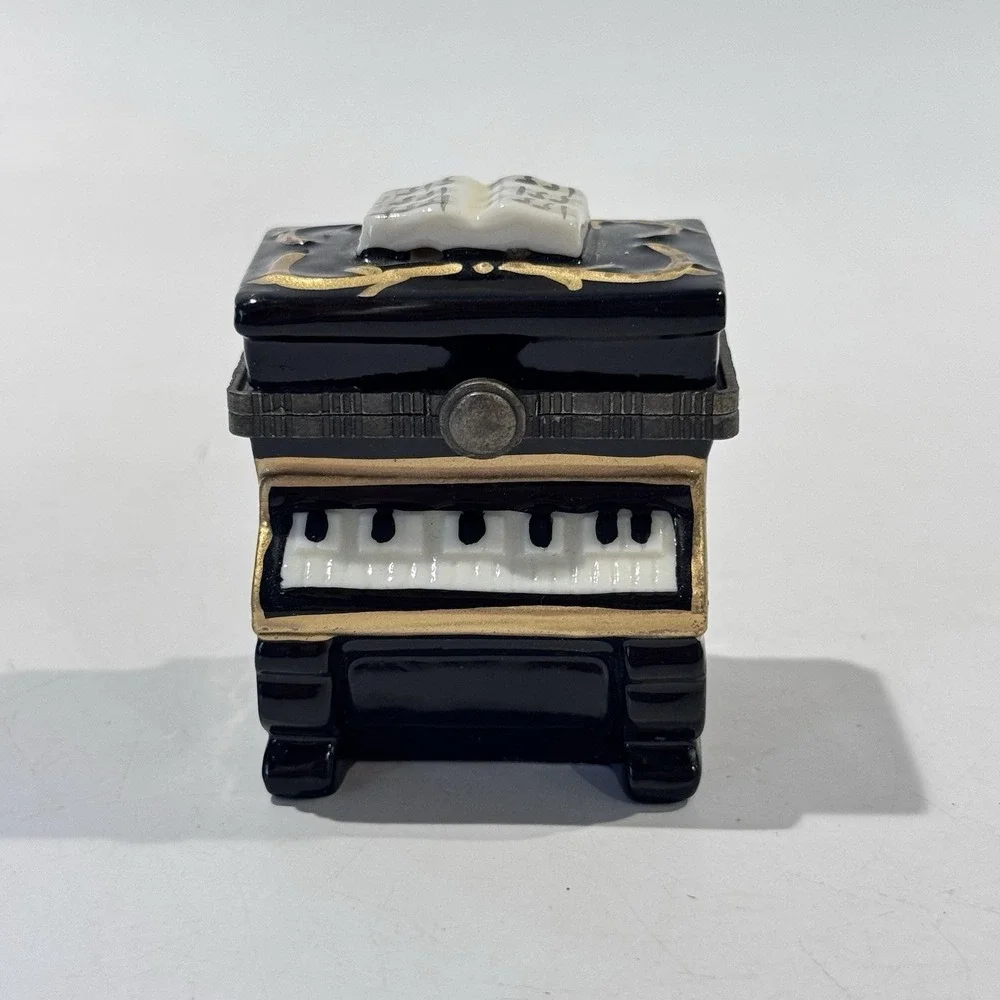 Vintage Miniature Black Piano Ceramic Hinged Lid Trinket Jewelry Keepsake Box